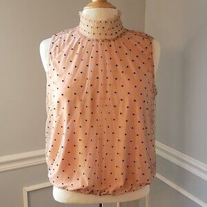 BANANA REPUBLIC NeW Nude Tulle Black Polka-Dot Mock Neck Keyhole Back Top Sz M